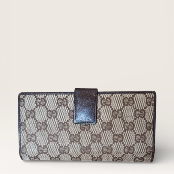 Gucci GG Canvas Continental Long Wallet Beige Brown Leather Trim Snap Closure - Picture 2 of 8